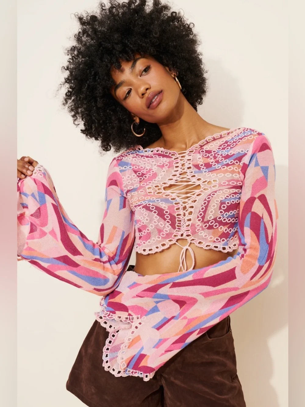 Free People Eyes On You- Crochet Lace-Up Eyelet Cropped long sleeve festival top